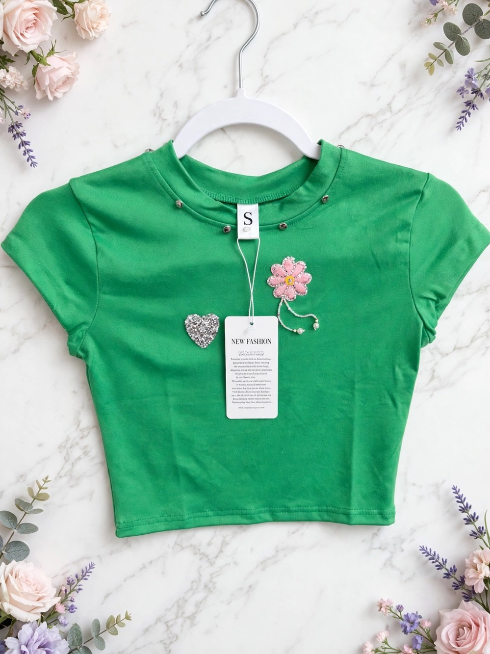 Girls Bright Green Short Sleeve Tee with Flower & Heart Accents - Picture 3 of 4